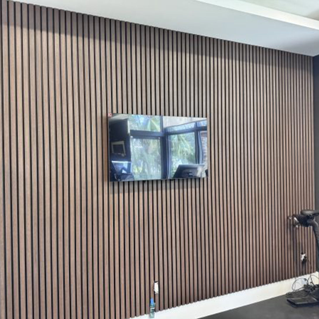 WPC Exterior Slatted Panel — 9.5 ft x 8.62 in – Light Walnut With Black