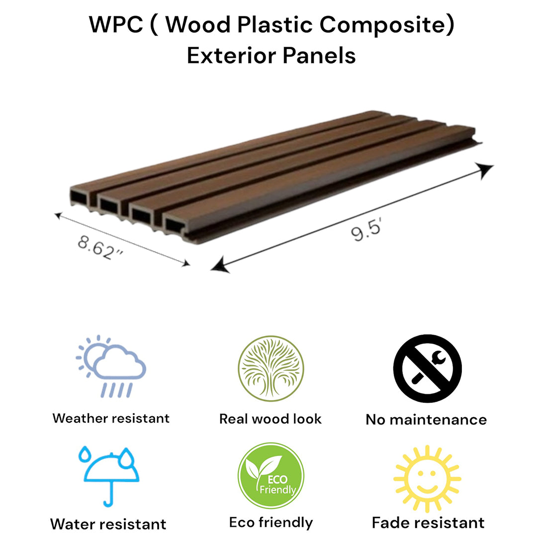 WPC Exterior Slatted Panel — 9.5 ft x 8.62 in – Dark Walnut with Black
