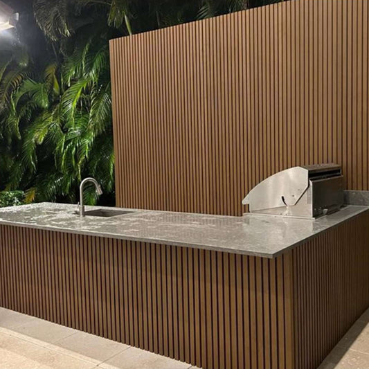 WPC Exterior Slatted Panel — 9.5 ft x 8.62 in – Light Walnut With Black