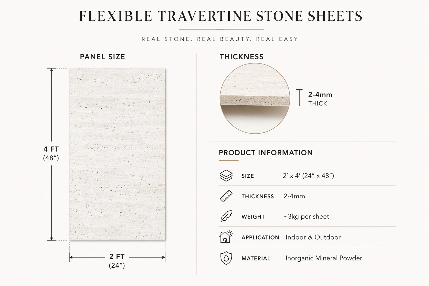 Travertine Stone Panel , Ultra-Thin Natural Stone Veneer – Cream Travertine 8'/4' (95"/48")