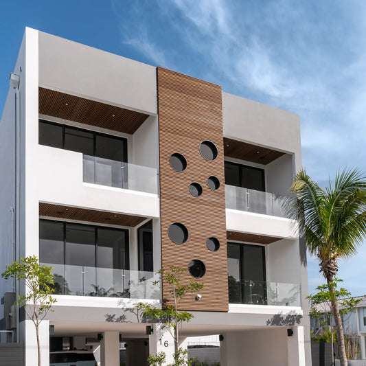 WPC Exterior Slatted Panel — 9.5 ft x 8.62 in – Light Walnut With Black